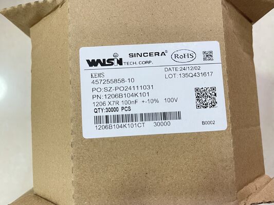 1206B104K101CT – MLCC 1206 kılıf X7R dielektrik 0.1µF ±10% 100V nominal düşük ESR geniş -55°C ila +125°C aralık, ayırma ve güç filtreleme için mükemmel
