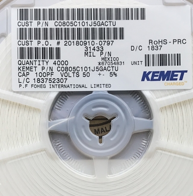 C0805C101J5GACTU 100pF 50V C0G/NP0 0805 Seramik Kondensatör ±5% Tolerans Yüksek frekans Dayanıklılığı Ultra Düşük ESR Yüksek Q Değeri ve hassas devreler için bant ve rulo ambalajı